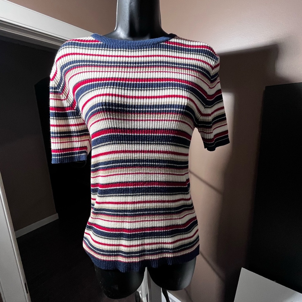Women's Striped Short Sleeve Knit Top - Red, Blue, Cream